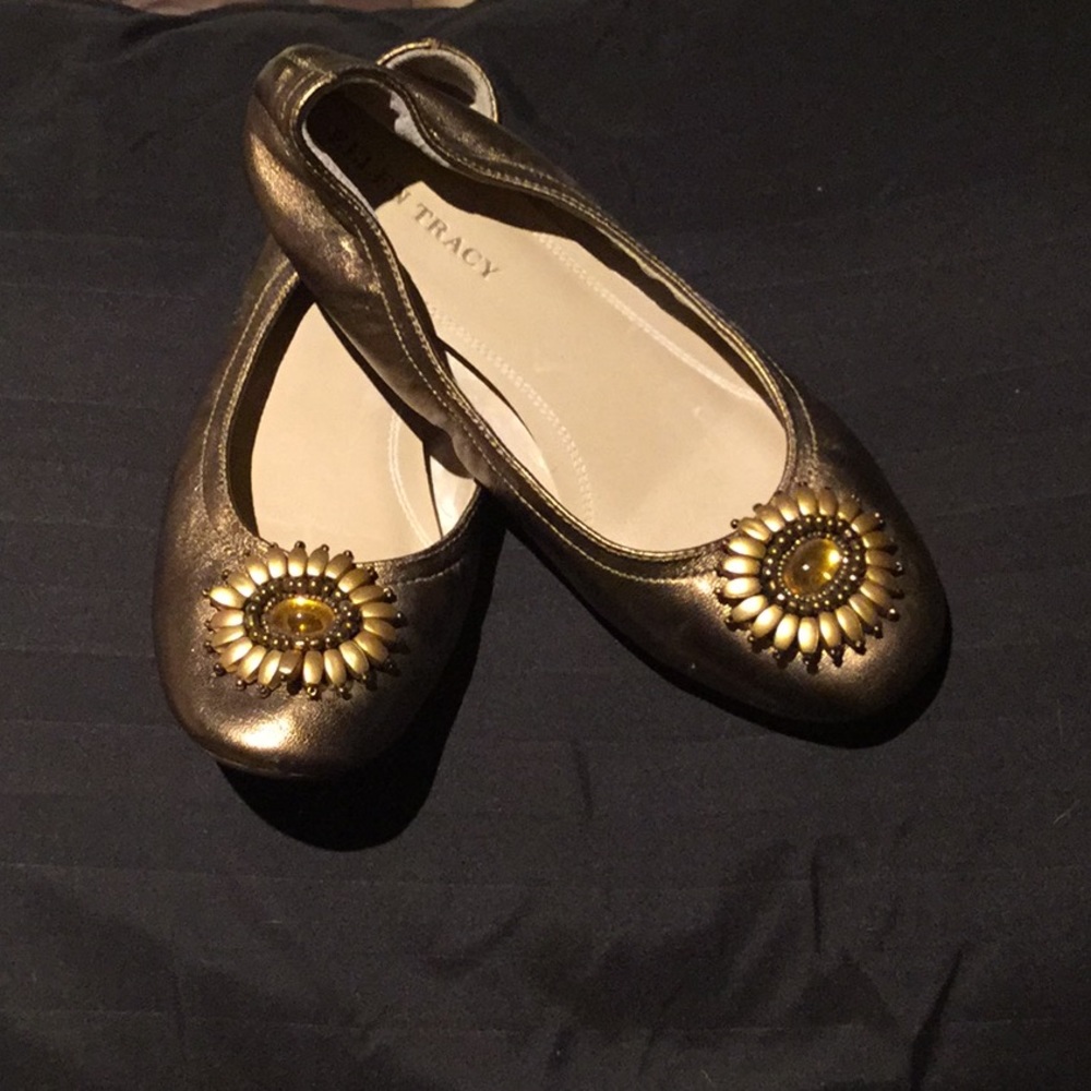 Ellen Tracy bedazzled flats with rubber soles.